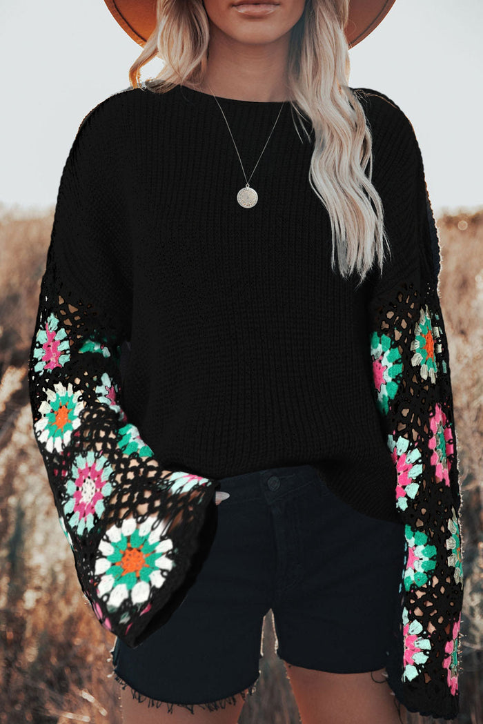 Black Floral Crochet Bell Sleeve Loose Sweater - S / 100% Acrylic - Sweaters & Cardigans/Sweaters