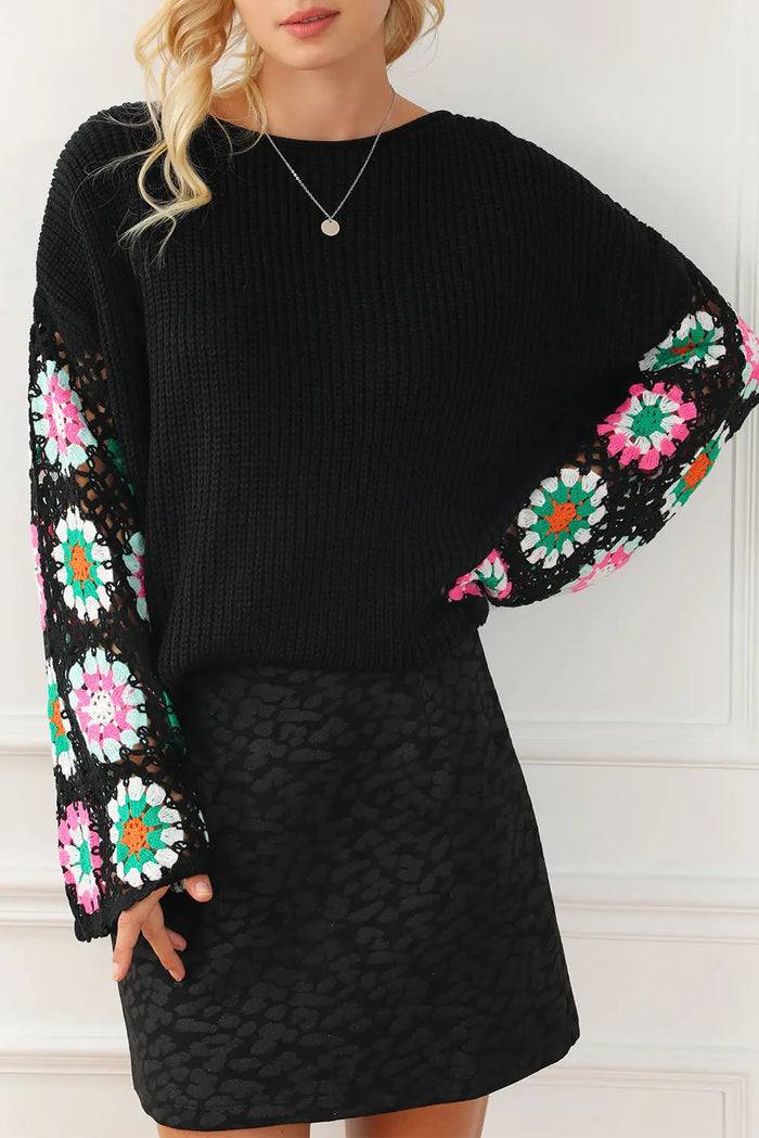 Black Floral Crochet Bell Sleeve Loose Sweater - Sweaters & Cardigans/Sweaters