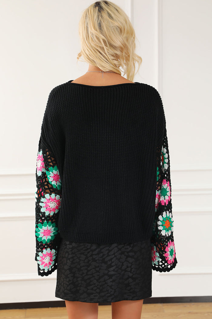 Black Floral Crochet Bell Sleeve Loose Sweater - Sweaters & Cardigans/Sweaters
