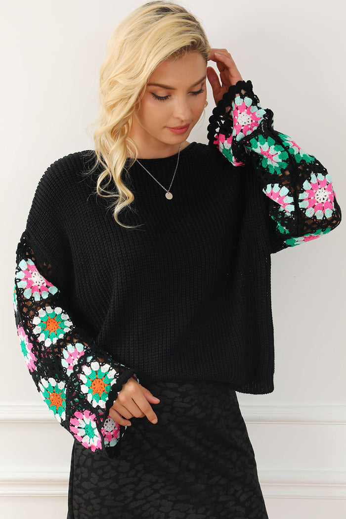 Black Floral Crochet Bell Sleeve Loose Sweater - Sweaters & Cardigans/Sweaters