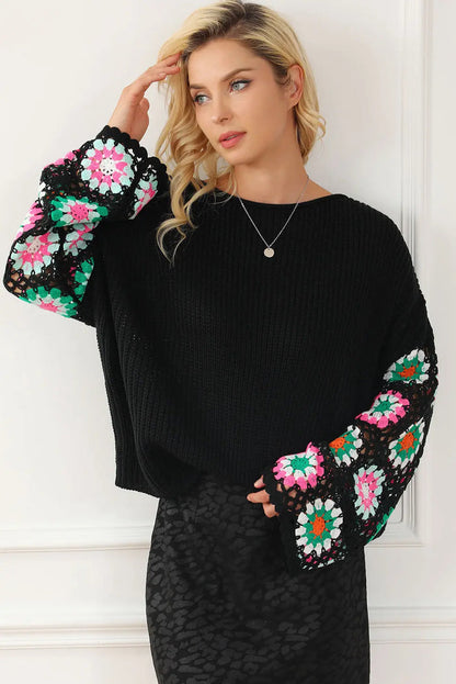 Black Floral Crochet Bell Sleeve Loose Sweater - Sweaters & Cardigans/Sweaters