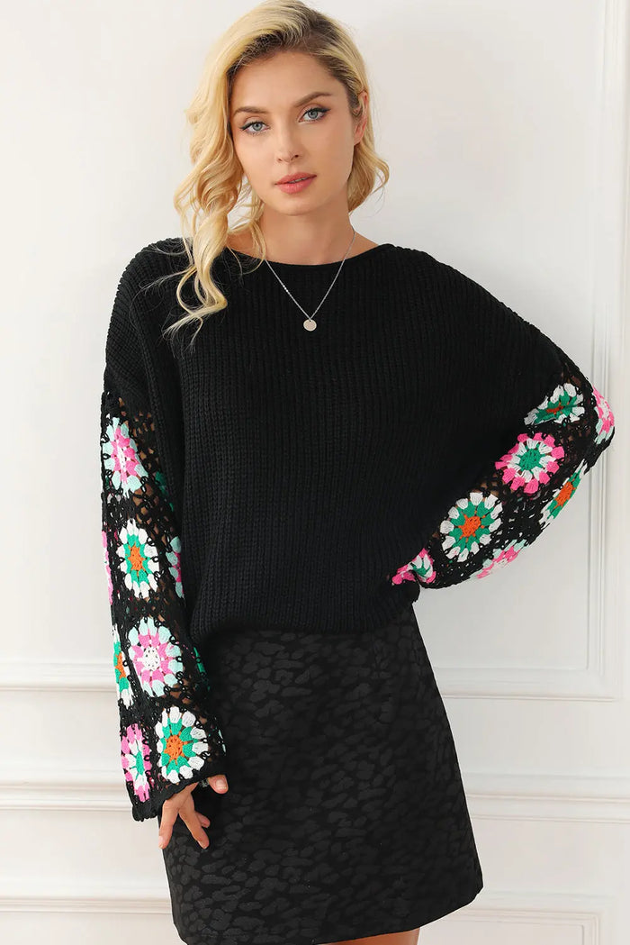 Black Floral Crochet Bell Sleeve Loose Sweater - Sweaters & Cardigans/Sweaters