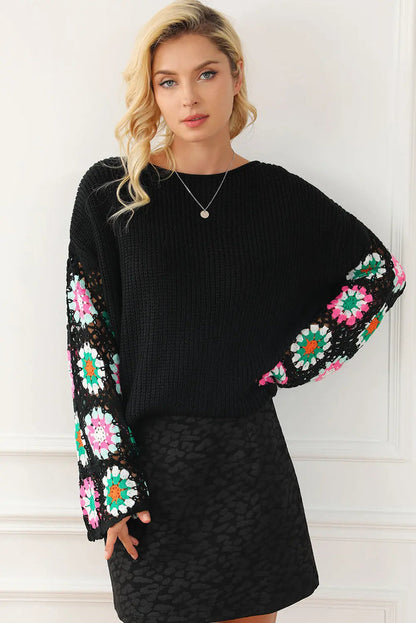 Black Floral Crochet Bell Sleeve Loose Sweater - Sweaters & Cardigans/Sweaters