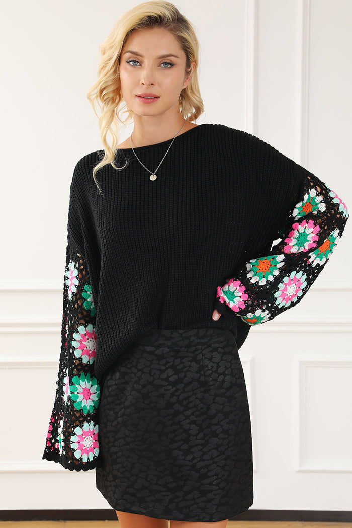 Black Floral Crochet Bell Sleeve Loose Sweater - Sweaters & Cardigans/Sweaters
