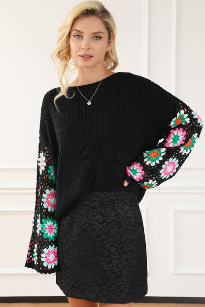 Black Floral Crochet Bell Sleeve Loose Sweater - Sweaters & Cardigans/Sweaters