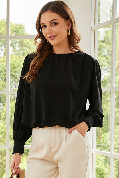 Black Padded Shoulder Buttoned Cuffs Pleated Loose Blouse - BLACK / S / 100% POLYESTER - Tops/Blouses & Shirts