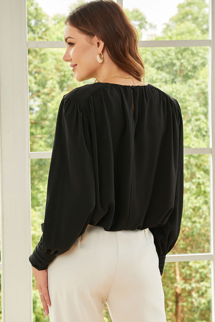 Black Padded Shoulder Buttoned Cuffs Pleated Loose Blouse - Tops/Blouses & Shirts