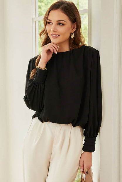 Black Padded Shoulder Buttoned Cuffs Pleated Loose Blouse - Tops/Blouses & Shirts