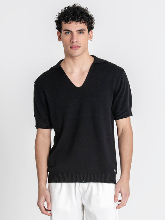 polos / Black Ripped Knit Polo