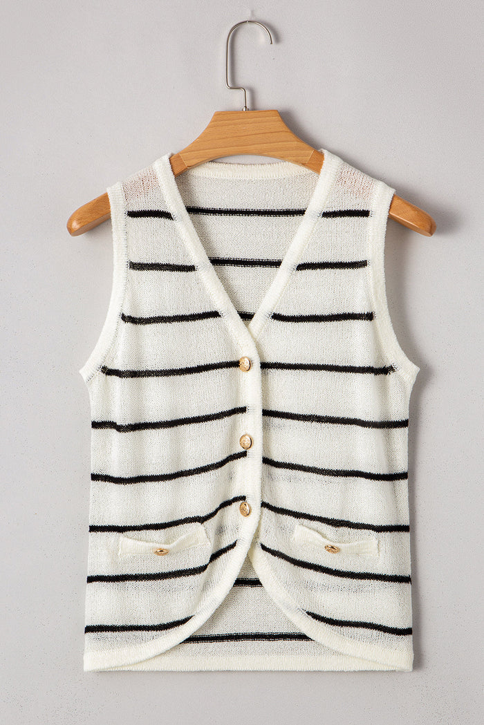 Black Stripe Buttoned V Neck Slim Fit Sweater Vest - Sweaters & Cardigans/Sweater Vests