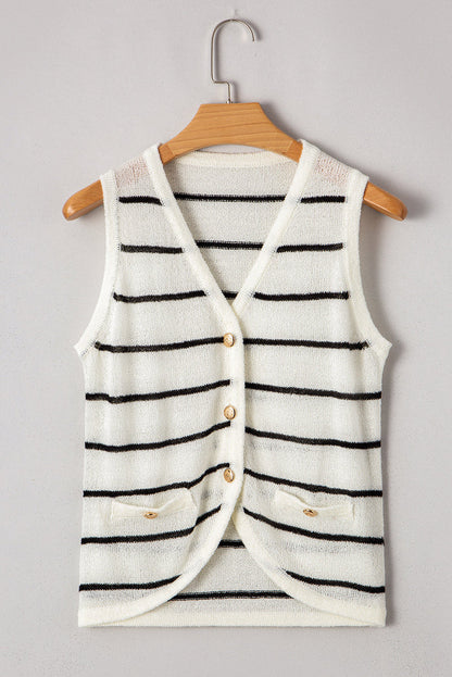 Black Stripe Buttoned V Neck Slim Fit Sweater Vest - Sweaters & Cardigans/Sweater Vests