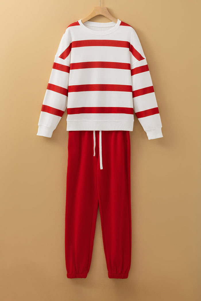 Black Stripe Drop Shoulder Pullover and Jogger Trousers Set - RED STRIPE / S / 100% POLYESTER - Two Piece Sets/Pant Sets