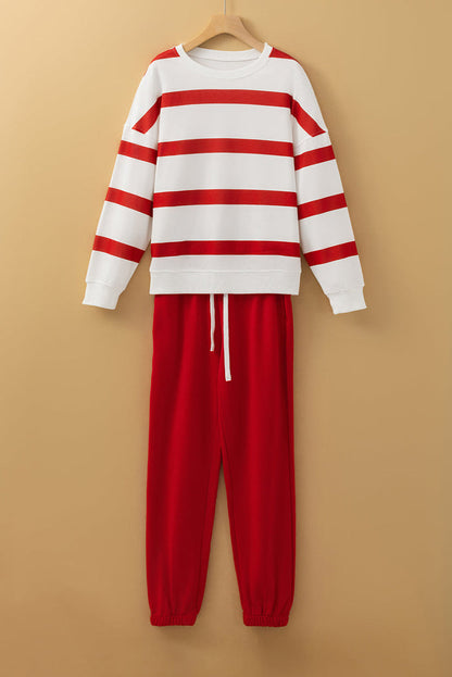 Black Stripe Drop Shoulder Pullover and Jogger Trousers Set - RED STRIPE / S / 100% POLYESTER - Two Piece Sets/Pant Sets