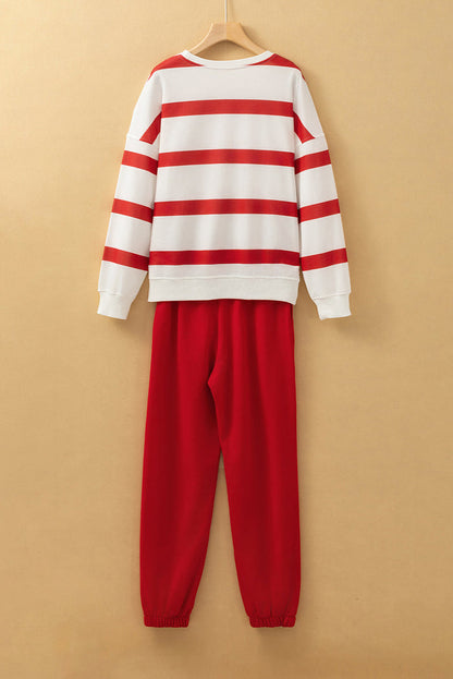 Black Stripe Drop Shoulder Pullover and Jogger Trousers Set - Two Piece Sets/Pant Sets