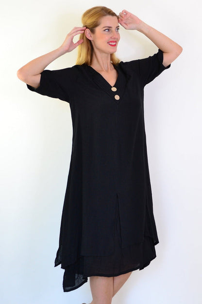 Black summer tunic dress by La Mode, lightweight sleeveless tunic top with a relaxed fit and V-neck design.