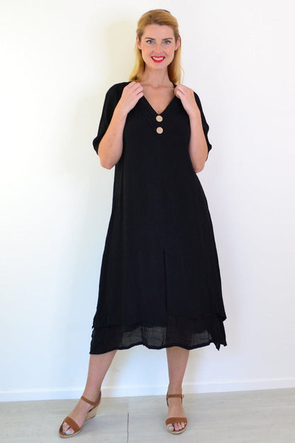 Black summer tunic dress by La Mode, lightweight sleeveless tunic with a relaxed fit and simple neckline, perfect for warm weather.