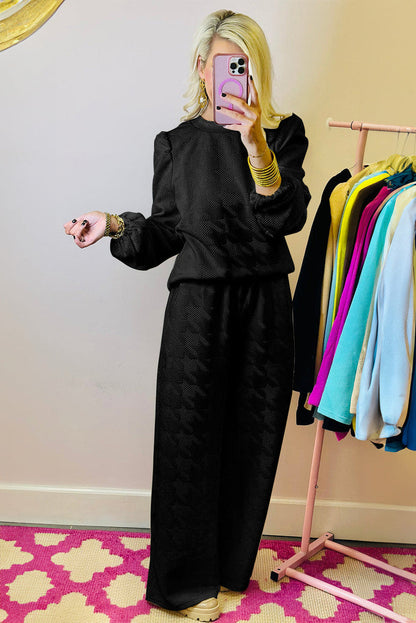 Black Textured Puff Sleeve Top and Trousers Set - Two Piece Sets/Pant Sets