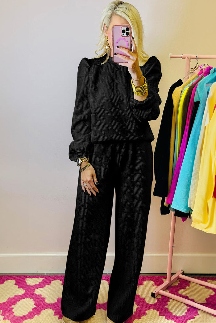 Black Textured Puff Sleeve Top and Trousers Set - Two Piece Sets/Pant Sets