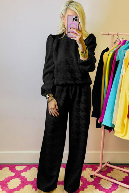 Black Textured Puff Sleeve Top and Trousers Set - Two Piece Sets/Pant Sets