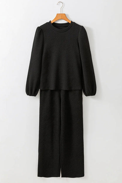 Black Textured Puff Sleeve Top and Trousers Set - Two Piece Sets/Pant Sets