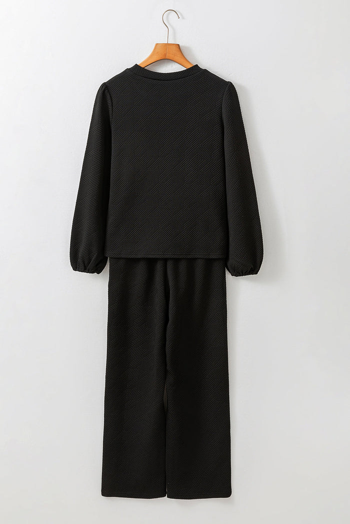 Black Textured Puff Sleeve Top and Trousers Set - Two Piece Sets/Pant Sets