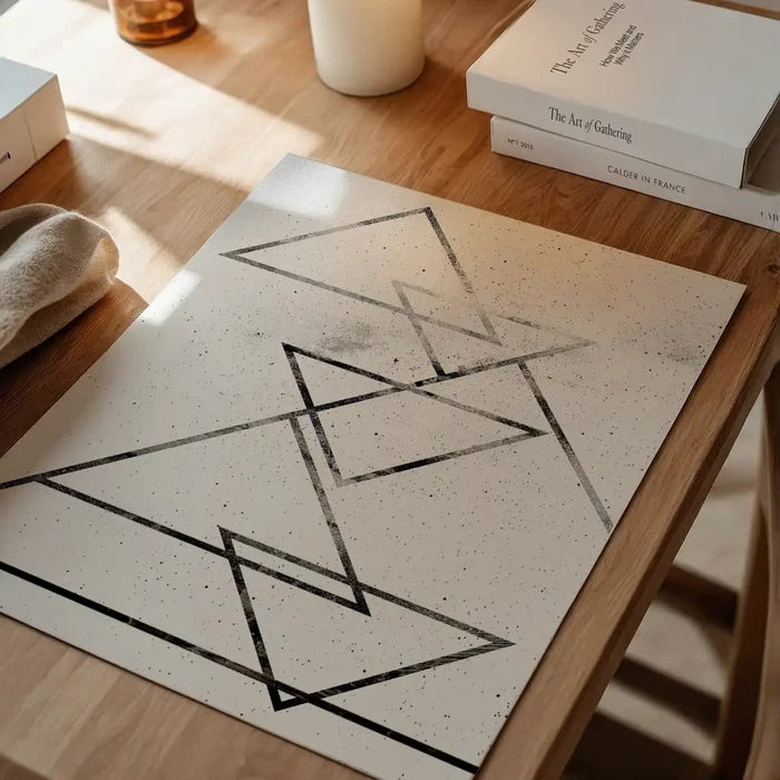 Abstract black triangle print on textured white archival art paper, displayed on a wooden table.