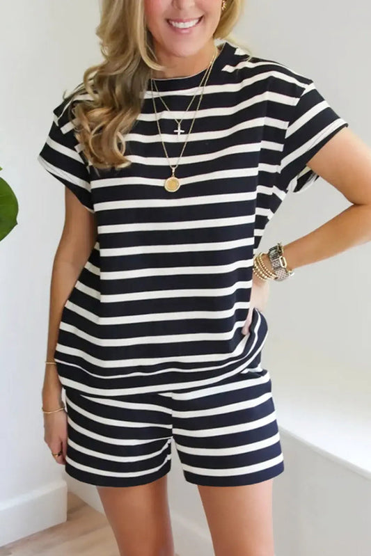 Black White Striped Short Sleeve Top and Shorts Set - white / S / 95% Cotton + 5% Elastane - Two Piece Sets/Short Sets