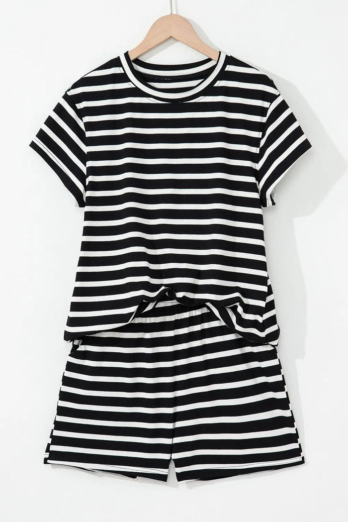 Black White Striped Short Sleeve Top and Shorts Set - Two Piece Sets/Short Sets