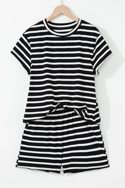 Black White Striped Short Sleeve Top and Shorts Set - Two Piece Sets/Short Sets