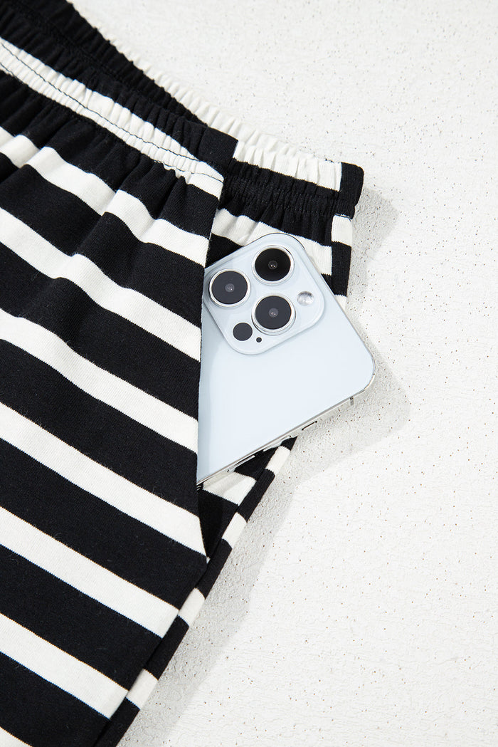 Black White Striped Short Sleeve Top and Shorts Set - Two Piece Sets/Short Sets
