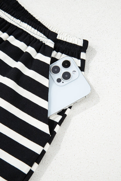 Black White Striped Short Sleeve Top and Shorts Set - Two Piece Sets/Short Sets