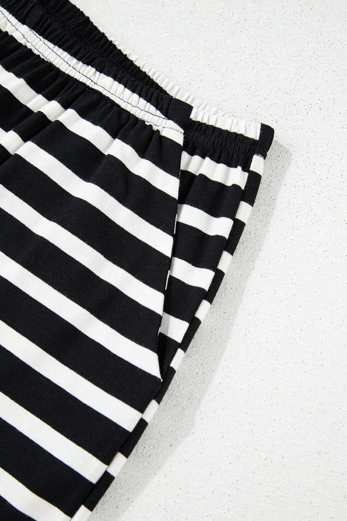 Black White Striped Short Sleeve Top and Shorts Set - Two Piece Sets/Short Sets