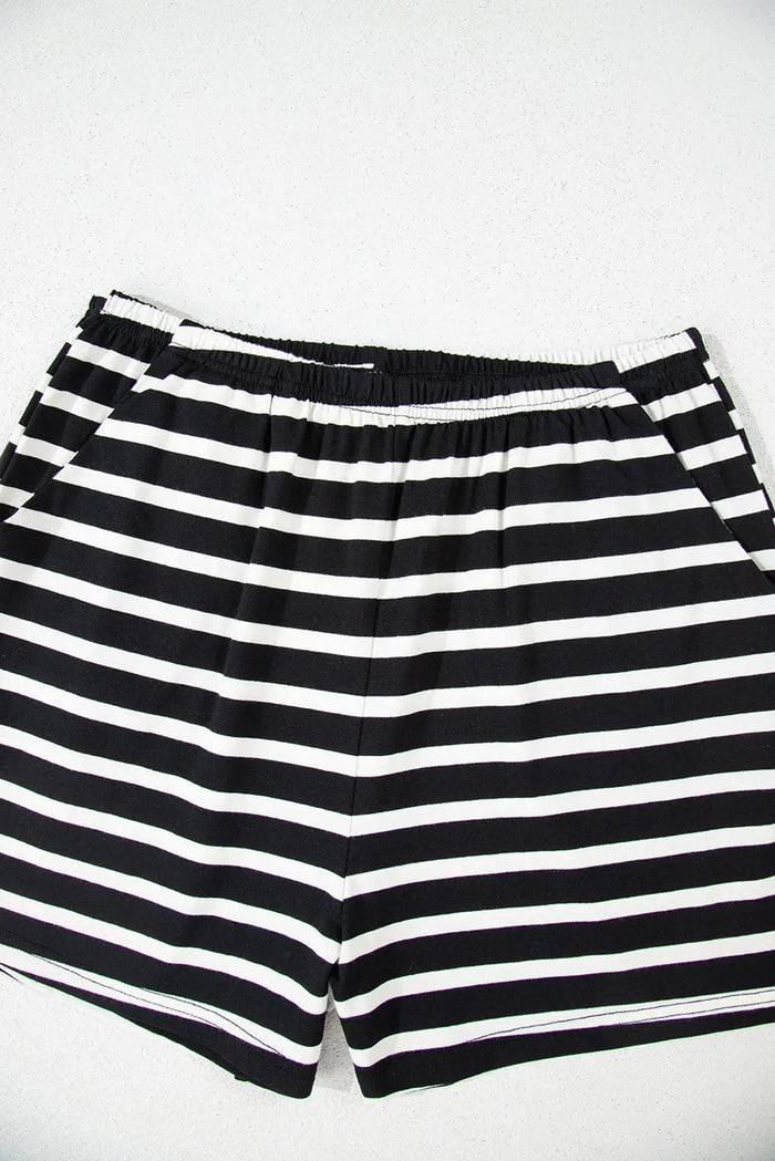 Black White Striped Short Sleeve Top and Shorts Set - Two Piece Sets/Short Sets