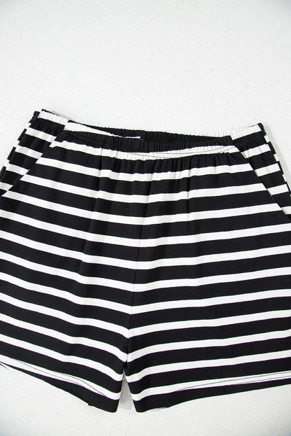 Black White Striped Short Sleeve Top and Shorts Set - Two Piece Sets/Short Sets
