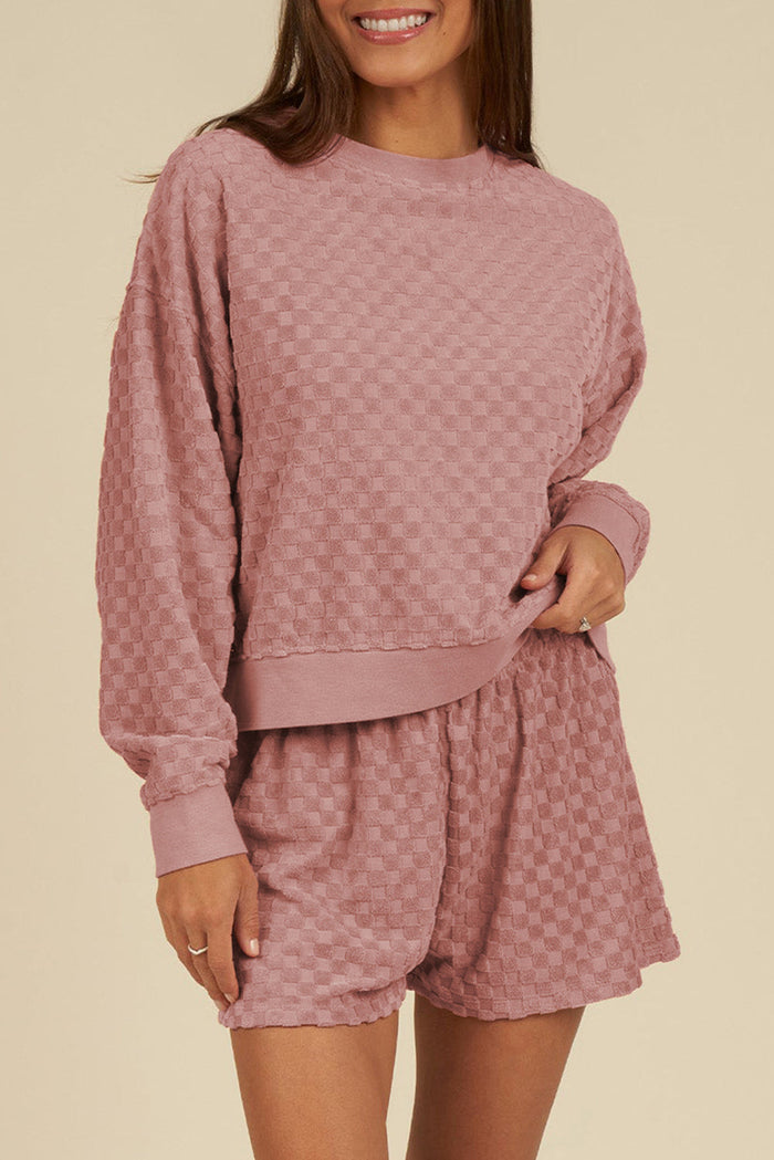 Blossom Checkered Textured Long Sleeve Top and Shorts Set - BLOSSOM / S / 95% POLYESTER + 5% ELASTANE - Two Piece