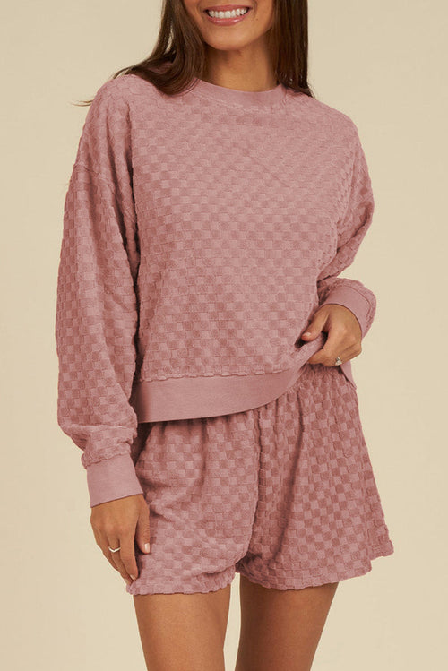 Blossom Checkered Textured Long Sleeve Top and Shorts Set - BLOSSOM / S / 95% POLYESTER + 5% ELASTANE - Two Piece