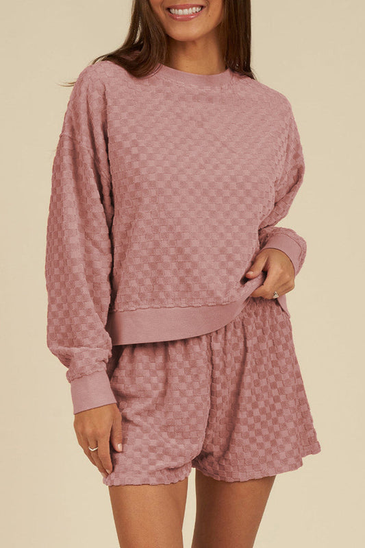 Blossom Checkered Textured Long Sleeve Top and Shorts Set - BLOSSOM / S / 95% POLYESTER + 5% ELASTANE - Two Piece