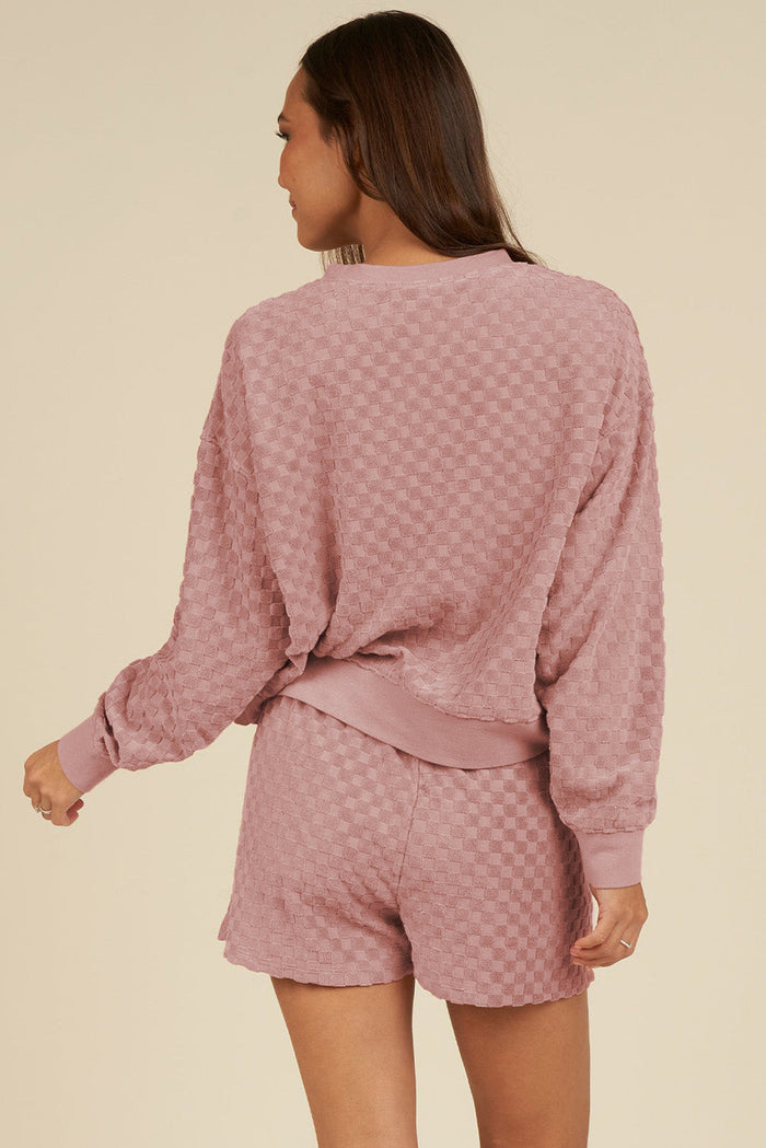 Blossom Checkered Textured Long Sleeve Top and Shorts Set - Two Piece Sets/Short Sets