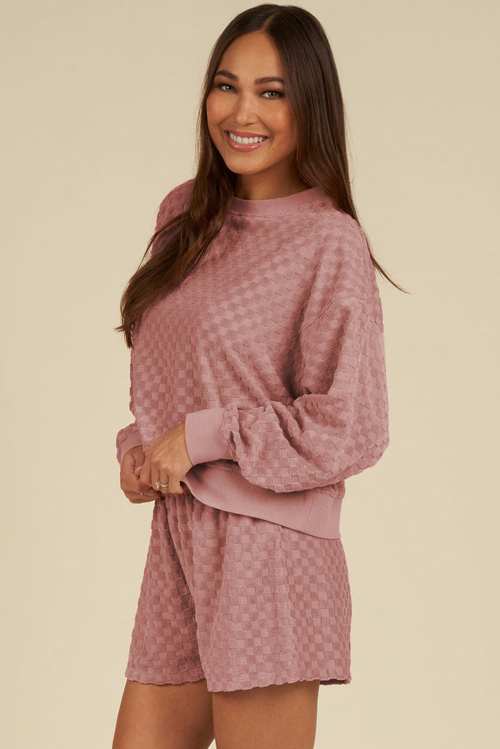 Blossom Checkered Textured Long Sleeve Top and Shorts Set - Two Piece Sets/Short Sets