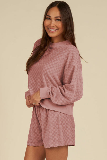 Blossom Checkered Textured Long Sleeve Top and Shorts Set - Two Piece Sets/Short Sets