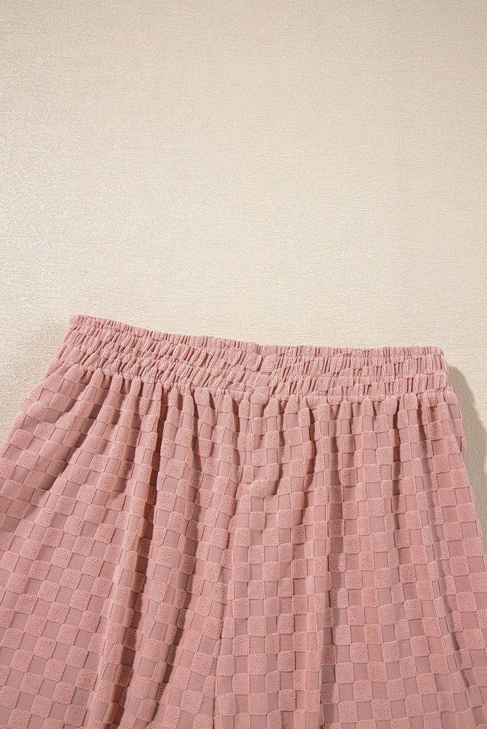 Blossom Checkered Textured Long Sleeve Top and Shorts Set - Two Piece Sets/Short Sets