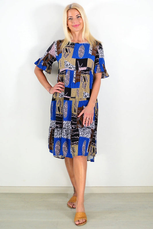 Blue and brown square-patterned tunic dress by Hourglass, featuring a stylish and comfortable design with a relaxed fit.