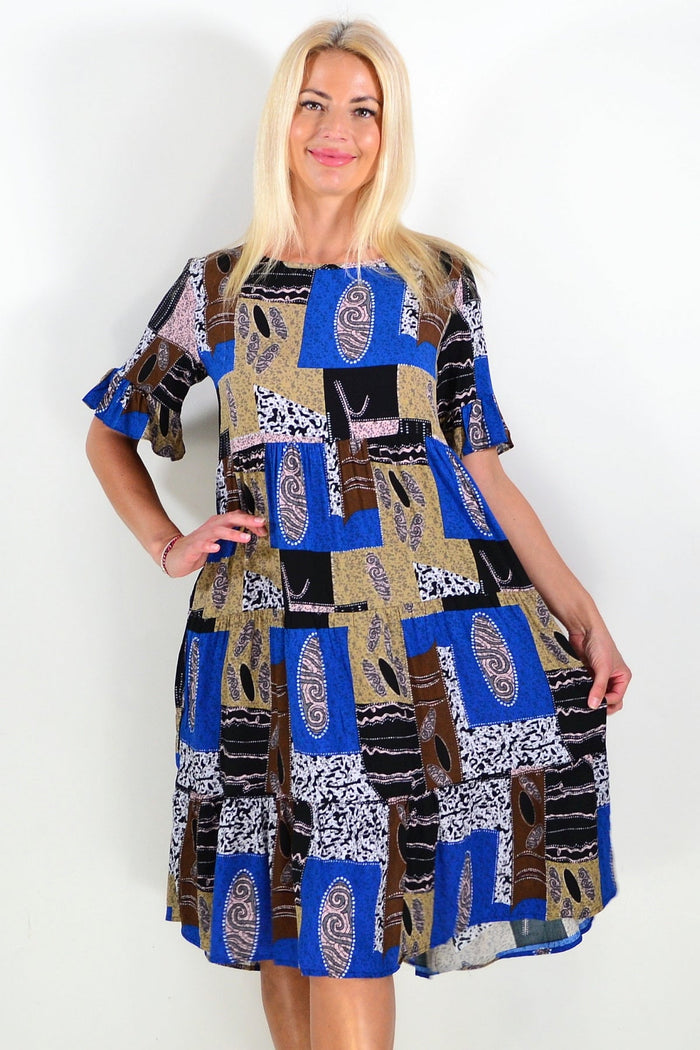 Blue and brown squares pattern tunic dress by Hourglass featuring a relaxed fit and stylish design.