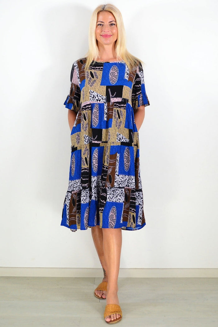 Blue and brown square-patterned tunic dress by Hourglass, featuring a relaxed fit and stylish geometric design.