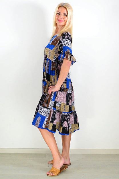 Blue and brown squares pattern tunic dress by Hourglass, featuring a stylish and comfortable design perfect for casual wear.