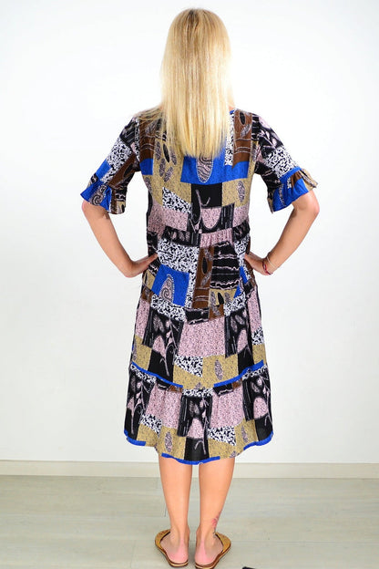Blue and brown square-patterned tunic dress by Hourglass, featuring a relaxed fit and stylish design.