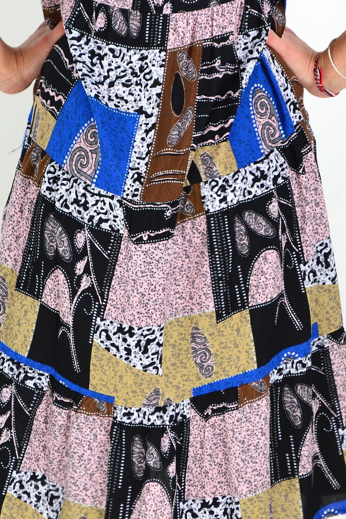 Hourglass Blue and Brown Squares Tunic Dress, stylish and comfortable tunic with geometric pattern, casual wear for women.