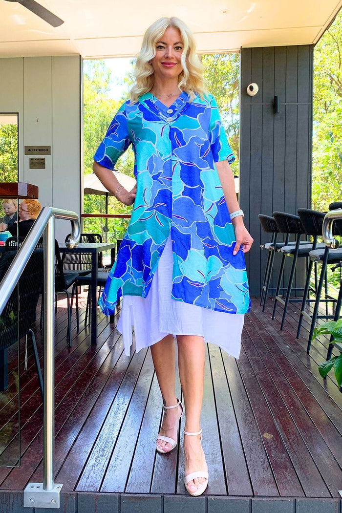 Blue and green summer tunic dress by La Mode, flowing fabric with short sleeves and casual style shown in image 31l.jpg.