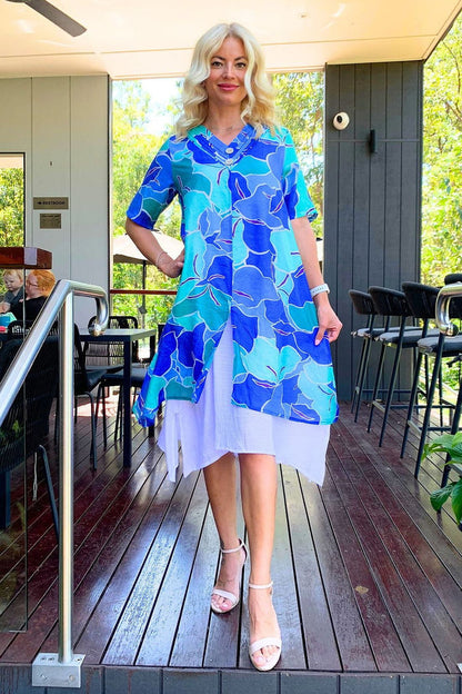 Blue and green summer tunic dress by La Mode, flowing fabric with short sleeves and casual style shown in image 31l.jpg.