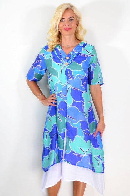 Blue and green summer tunic dress by La Mode, lightweight casual tunics with a flowy fit and vibrant color pattern.
